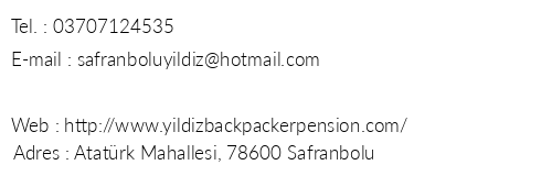 Yldz Backpacker Pansiyon telefon numaralar, faks, e-mail, posta adresi ve iletiim bilgileri